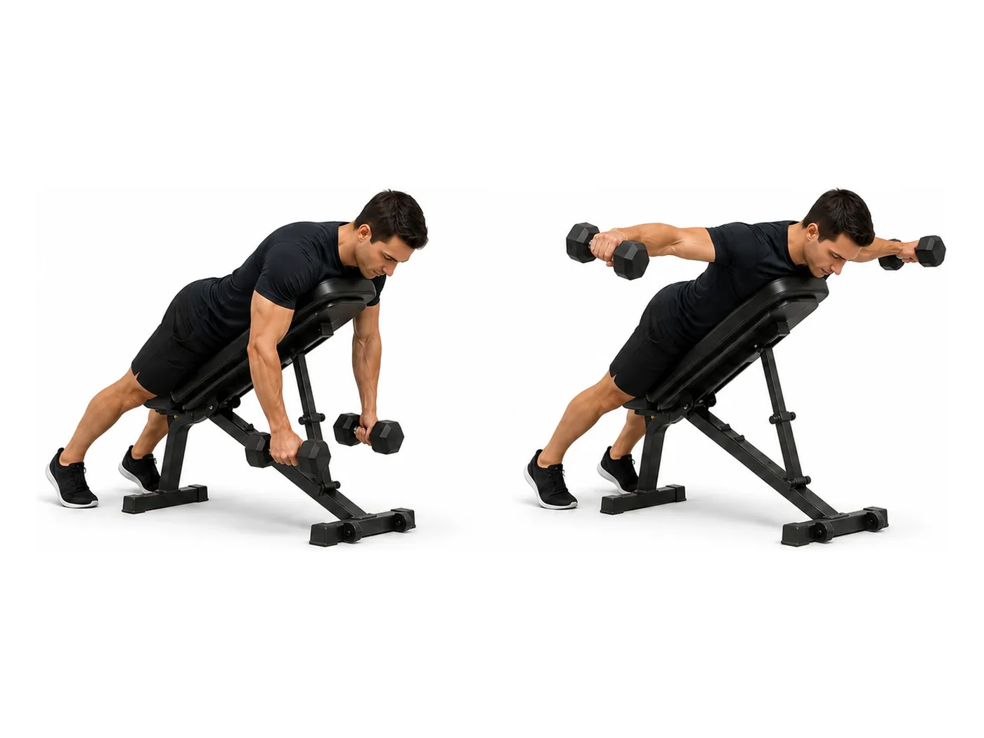Two-panel demonstration of the incline reverse fly, showing the start and finish positions