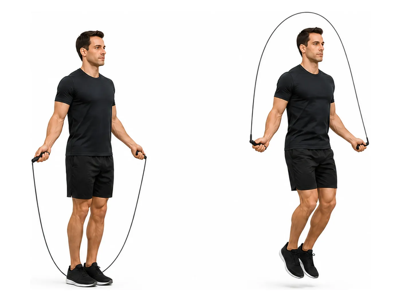 Two-panel demonstration of the jump rope (steady pace), showing the start and finish positions