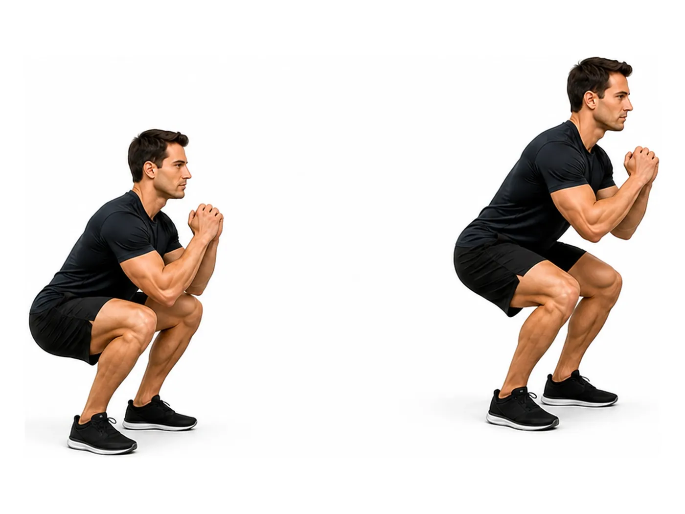 Two-panel demonstration of the jump squat, showing the start and finish positions