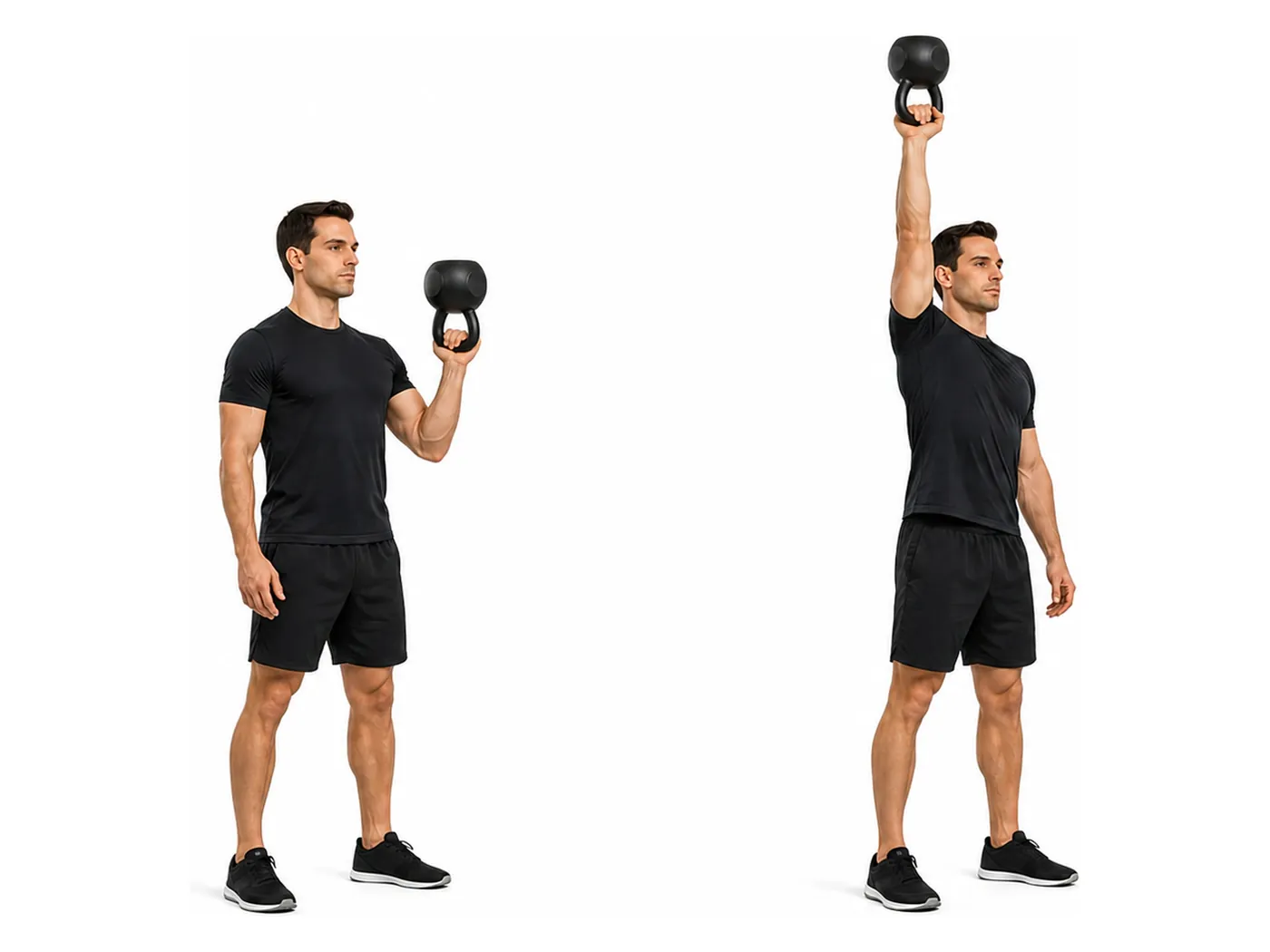 Two-panel demonstration of the kettlebell bottom-up press, showing the start and finish positions
