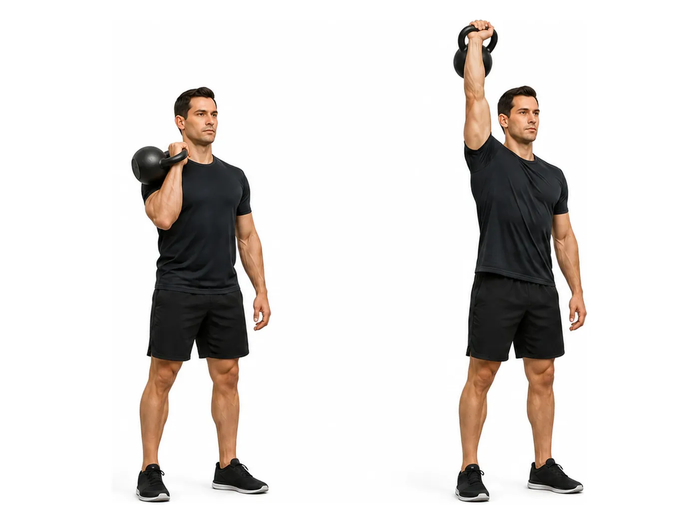Two-panel demonstration of the kettlebell clean and press, showing the start and finish positions