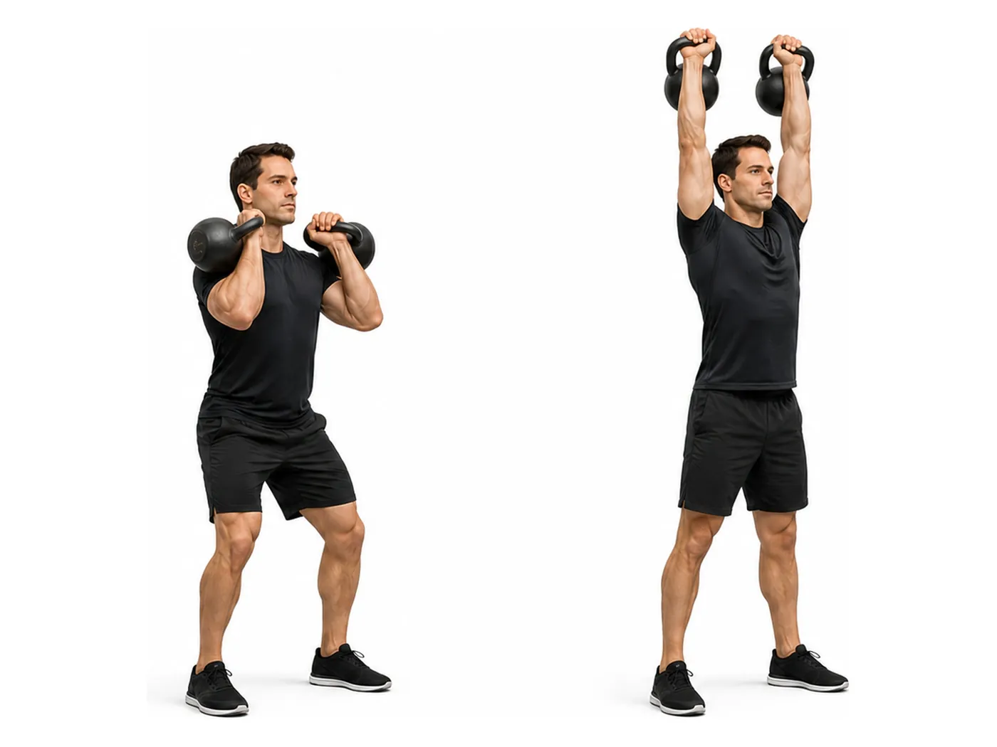 Two-panel demonstration of the kettlebell double push-press, showing the start and finish positions