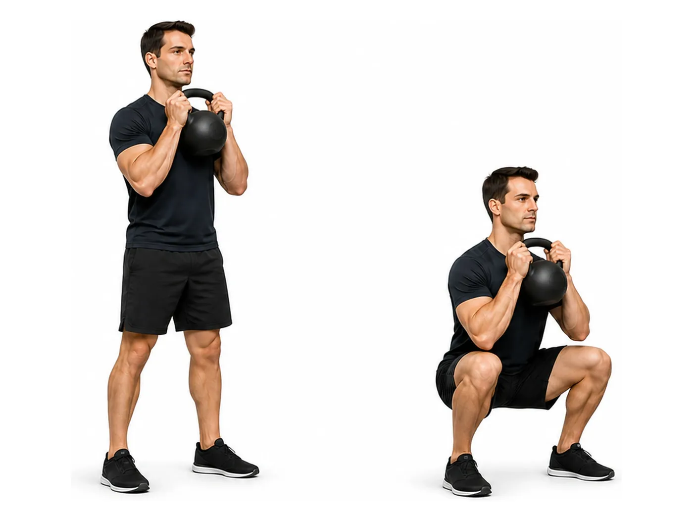 Two-panel demonstration of the kettlebell goblet squat, showing the start and finish positions