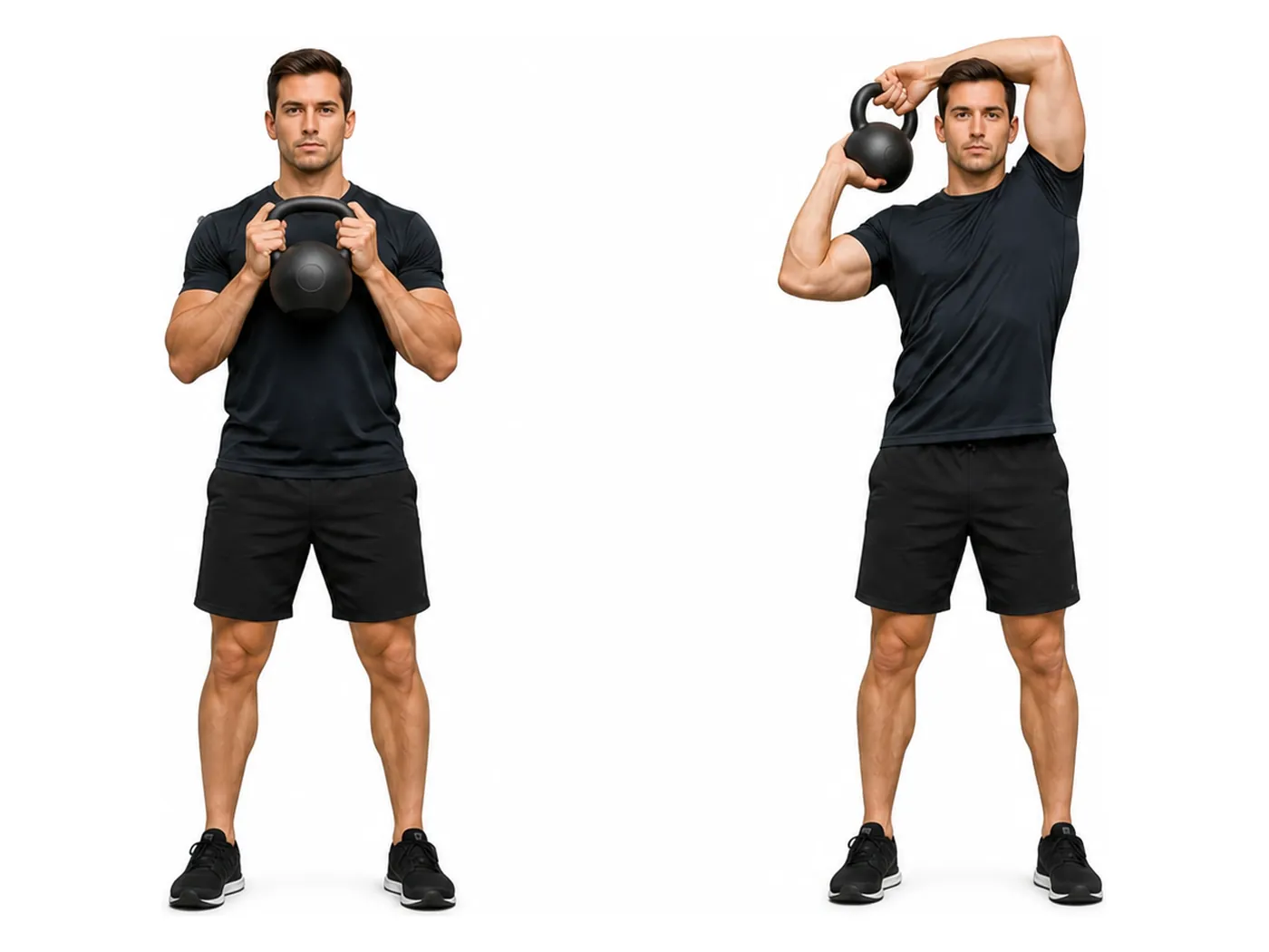 Two-panel demonstration of the kettlebell halo, showing the start and finish positions