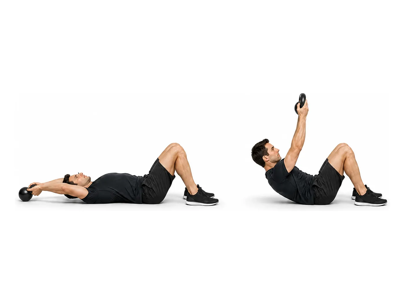 Two-panel demonstration of the kettlebell pull-over crunch, showing the start and finish positions