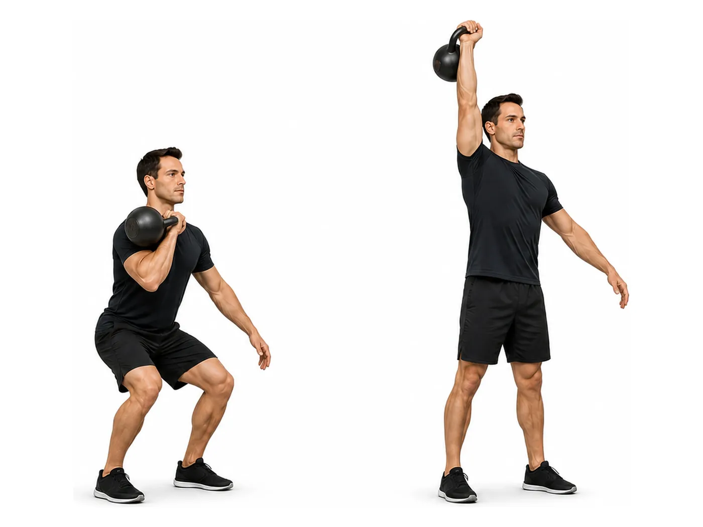 Two-panel demonstration of the kettlebell push-jerk, showing the start and finish positions