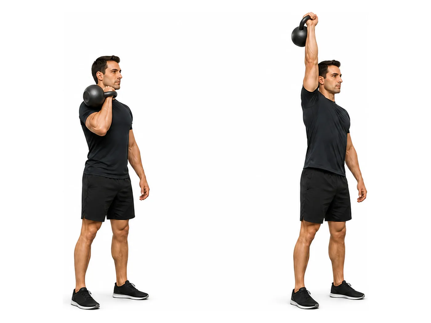 Two-panel demonstration of the kettlebell single-arm overhead press, showing the start and finish positions
