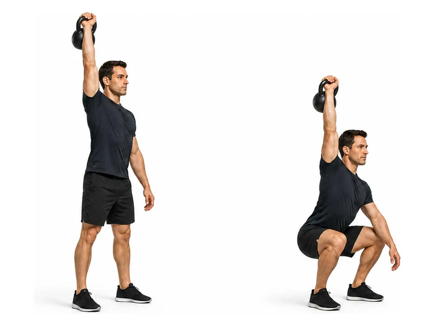 Two-panel demonstration of the kettlebell single-arm overhead squat, showing the start and finish positions
