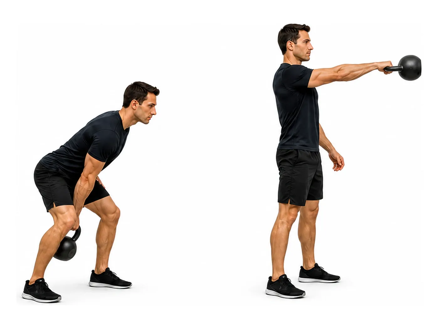 Two-panel demonstration of the kettlebell single-arm swing, showing the start and finish positions