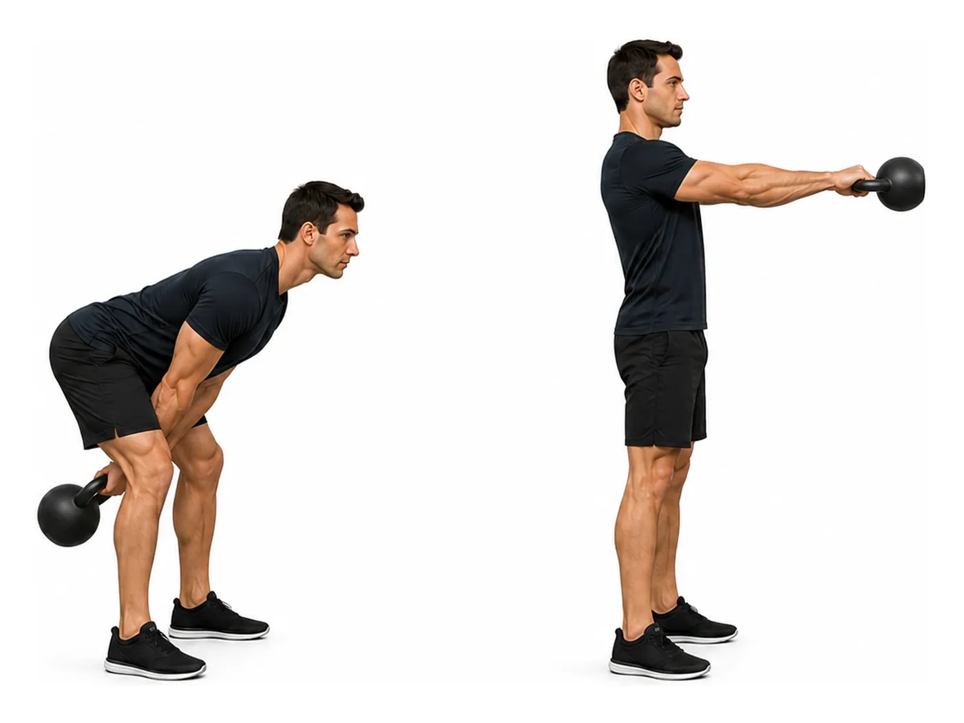 Two-panel demonstration of the kettlebell swing, showing the start and finish positions