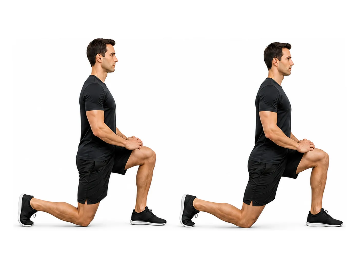 Two-panel demonstration of the kneeling hip flexor stretch, showing the start and finish positions