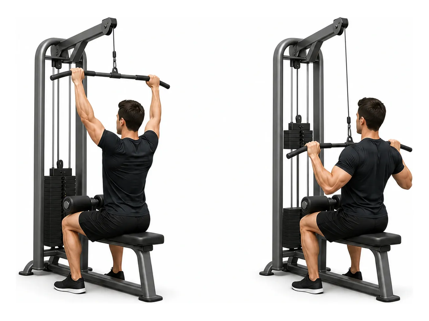 Two-panel demonstration of the lat pulldown, showing the start and finish positions