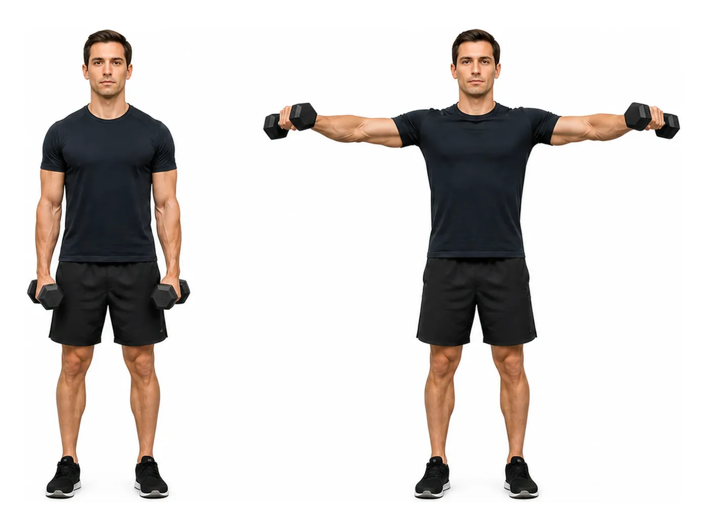 Two-panel demonstration of the lateral raise, showing the start and finish positions
