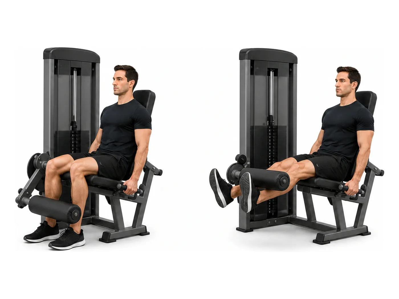 Two-panel demonstration of the leg extension, showing the start and finish positions