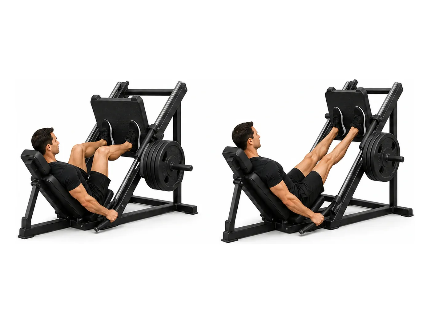Two-panel demonstration of the leg press, showing the start and finish positions