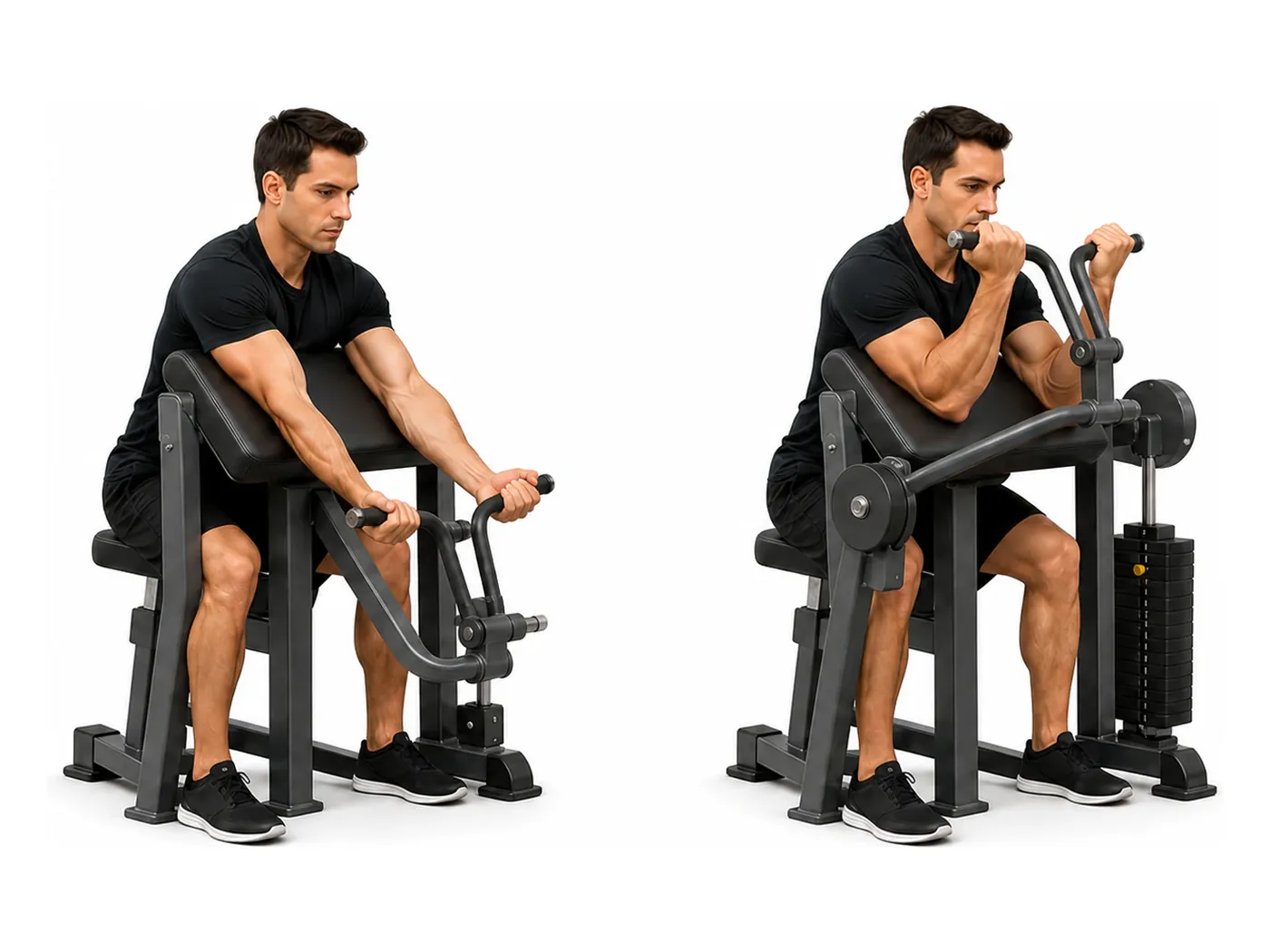 Two-panel demonstration of the machine biceps curl, showing the start and finish positions