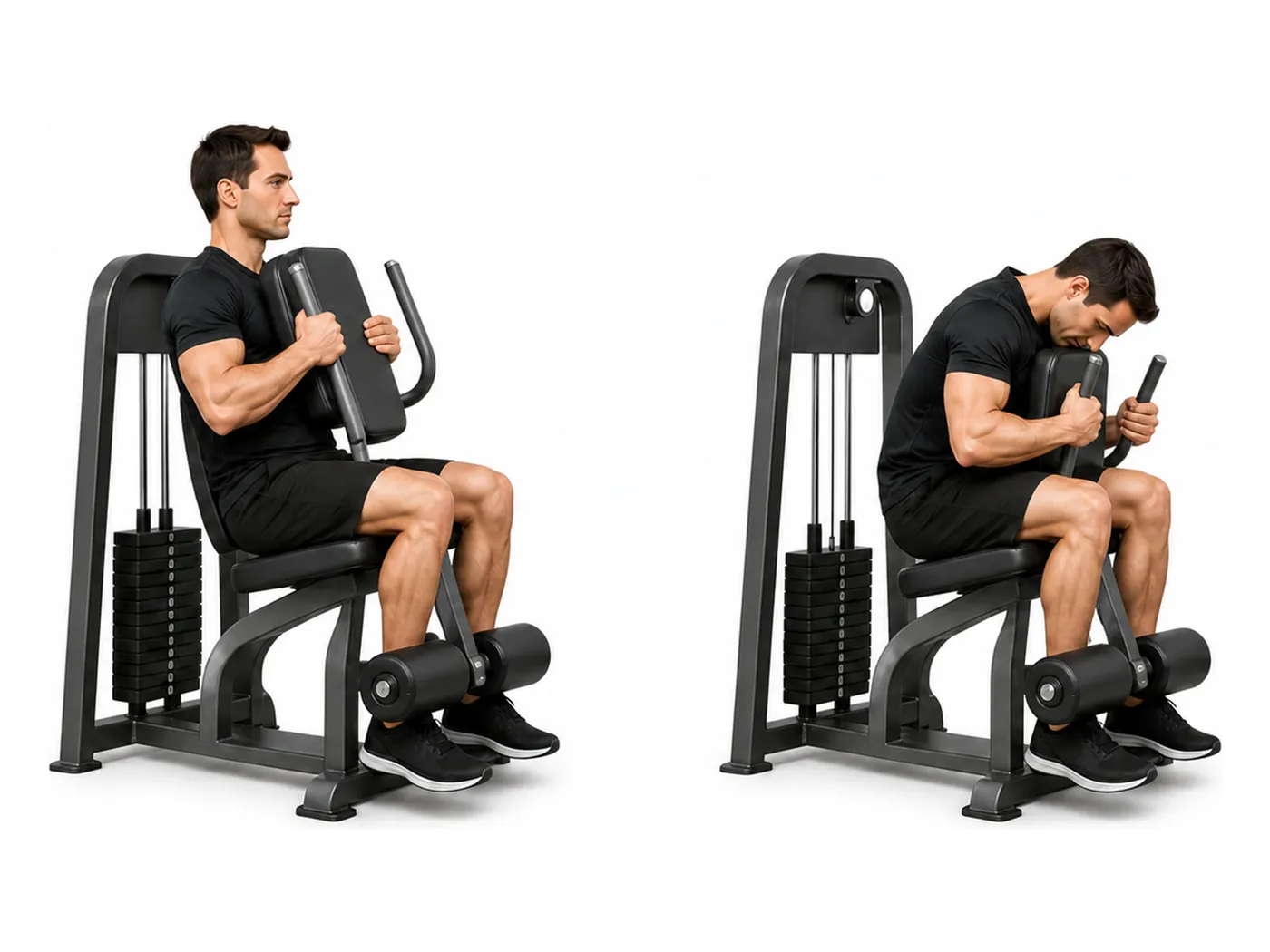 Two-panel demonstration of the machine crunch, showing the start and finish positions