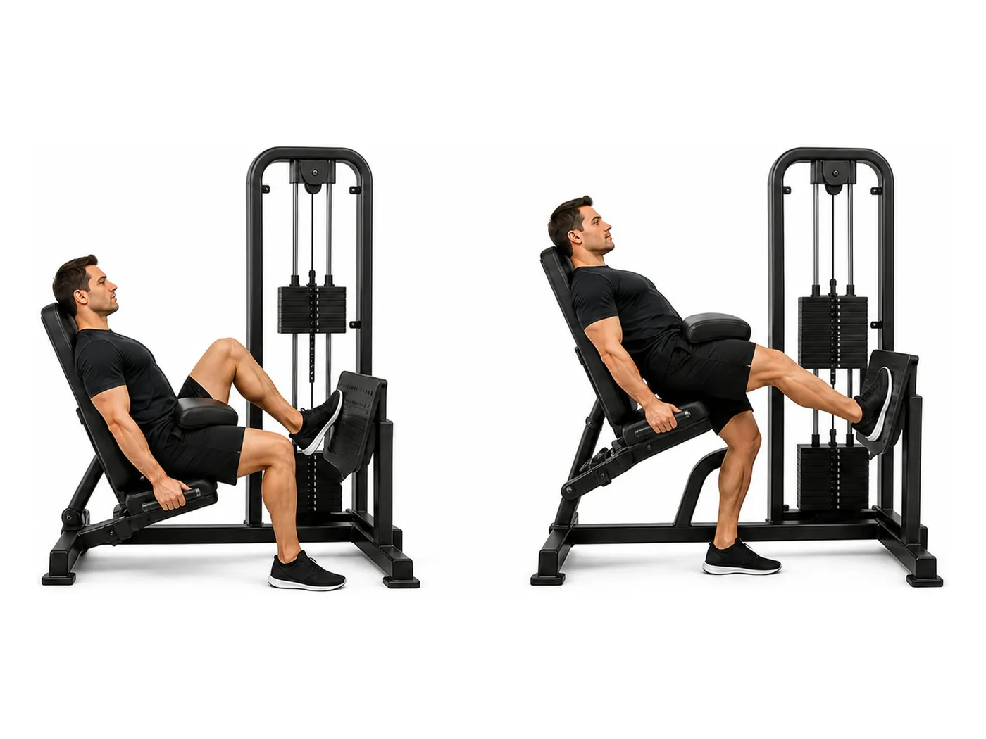 Two-panel demonstration of the machine glute press, showing the start and finish positions