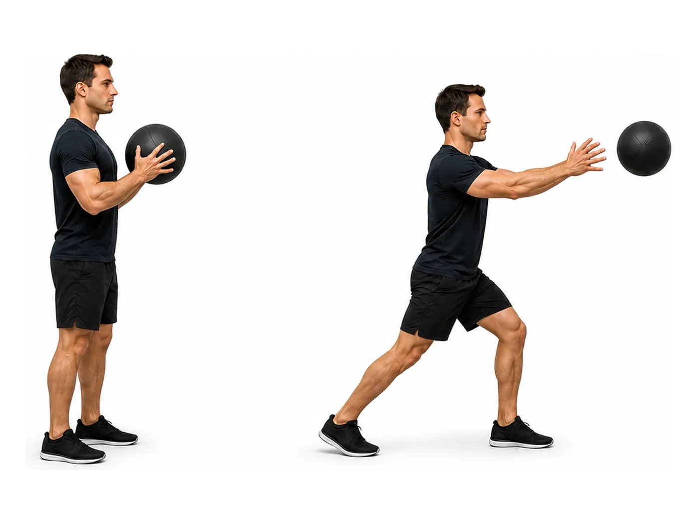 Two-panel demonstration of the medicine ball chest pass, showing the start and finish positions