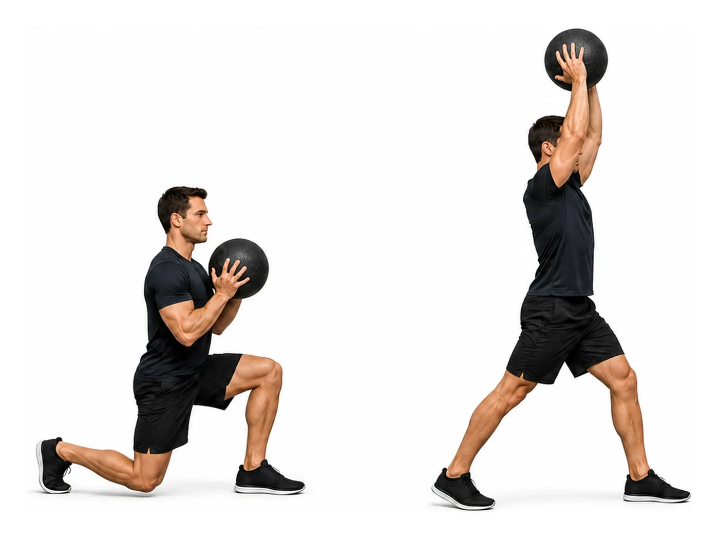Two-panel demonstration of the medicine ball lunge with overhead press, showing the start and finish positions