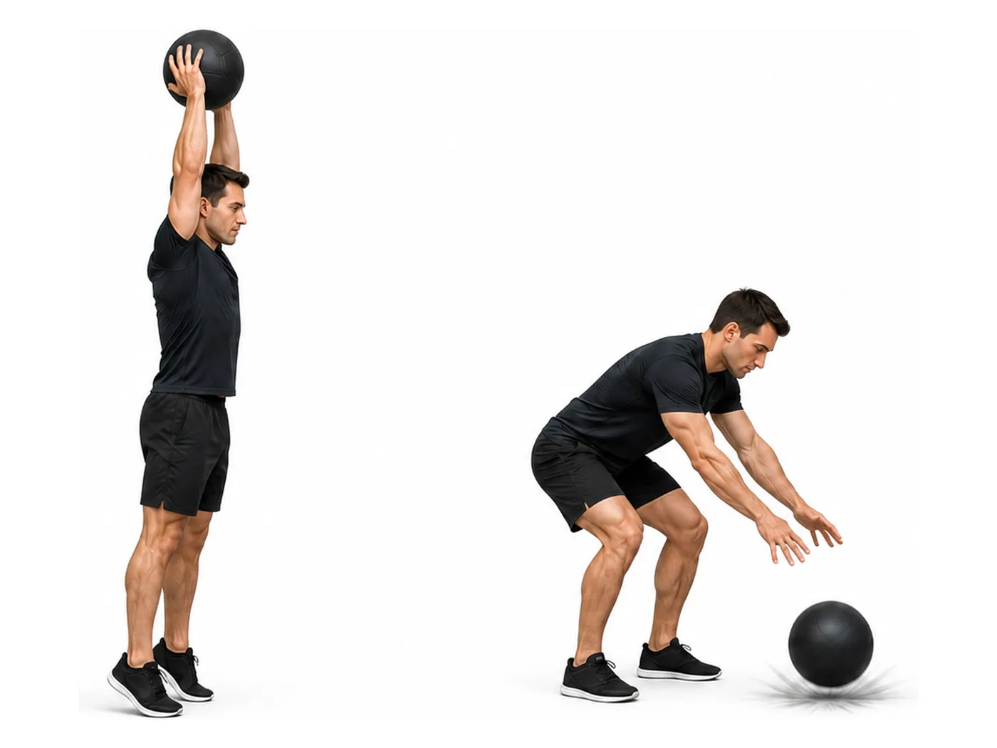 Two-panel demonstration of the medicine ball overhead slam, showing the start and finish positions