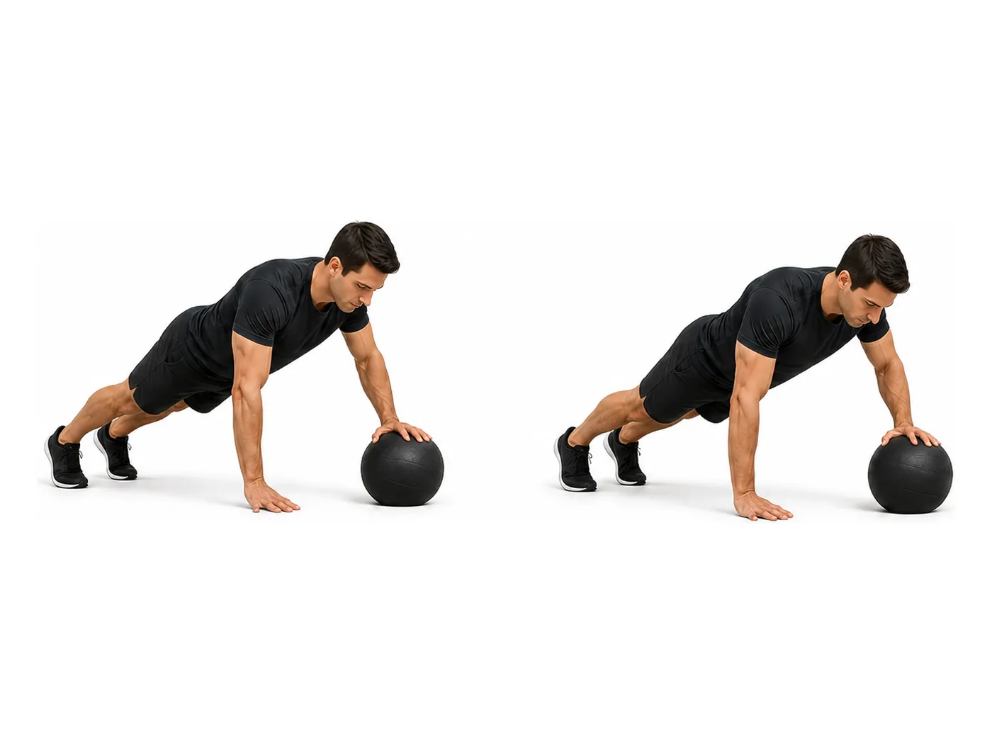 Two-panel demonstration of the medicine ball push-up, showing the start and finish positions