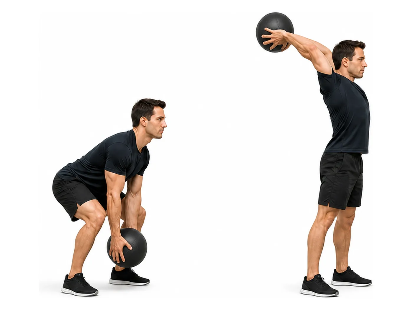 Two-panel demonstration of the medicine ball reverse slam, showing the start and finish positions