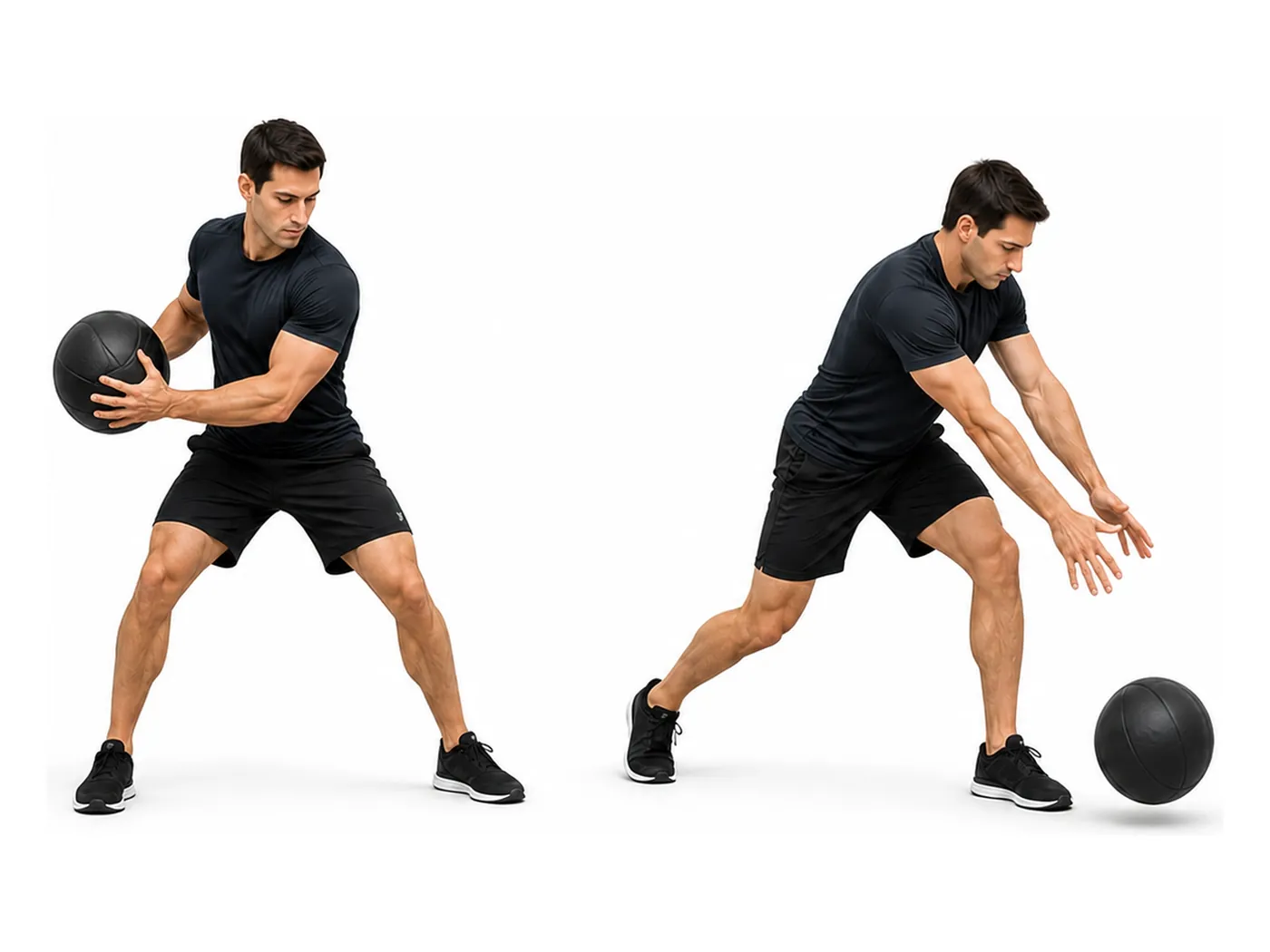 Two-panel demonstration of the medicine ball rotational slam, showing the start and finish positions