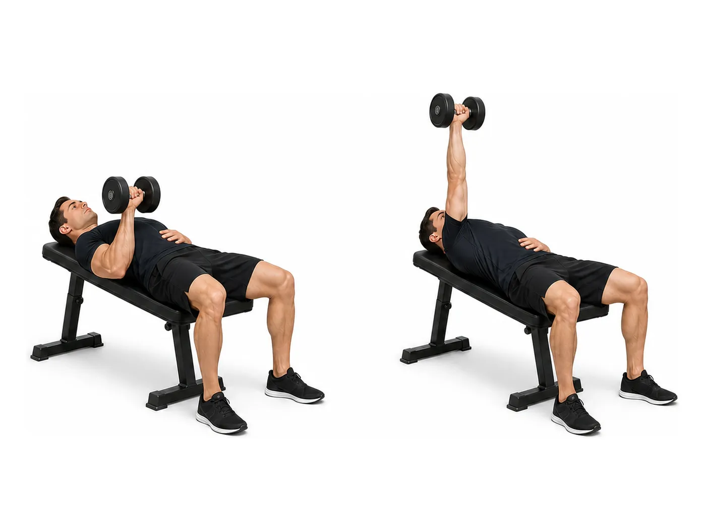 Two-panel demonstration of the offset single-arm chest press, showing the start and finish positions
