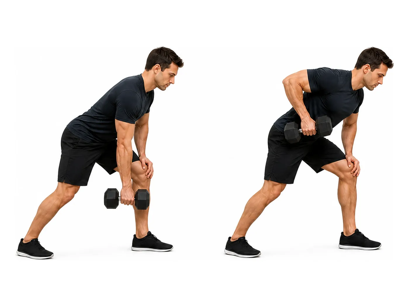 Two-panel demonstration of the one-arm dumbbell row, showing the start and finish positions