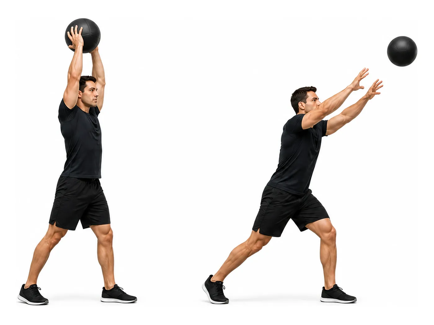 Two-panel demonstration of the overhead medicine ball throw, showing the start and finish positions