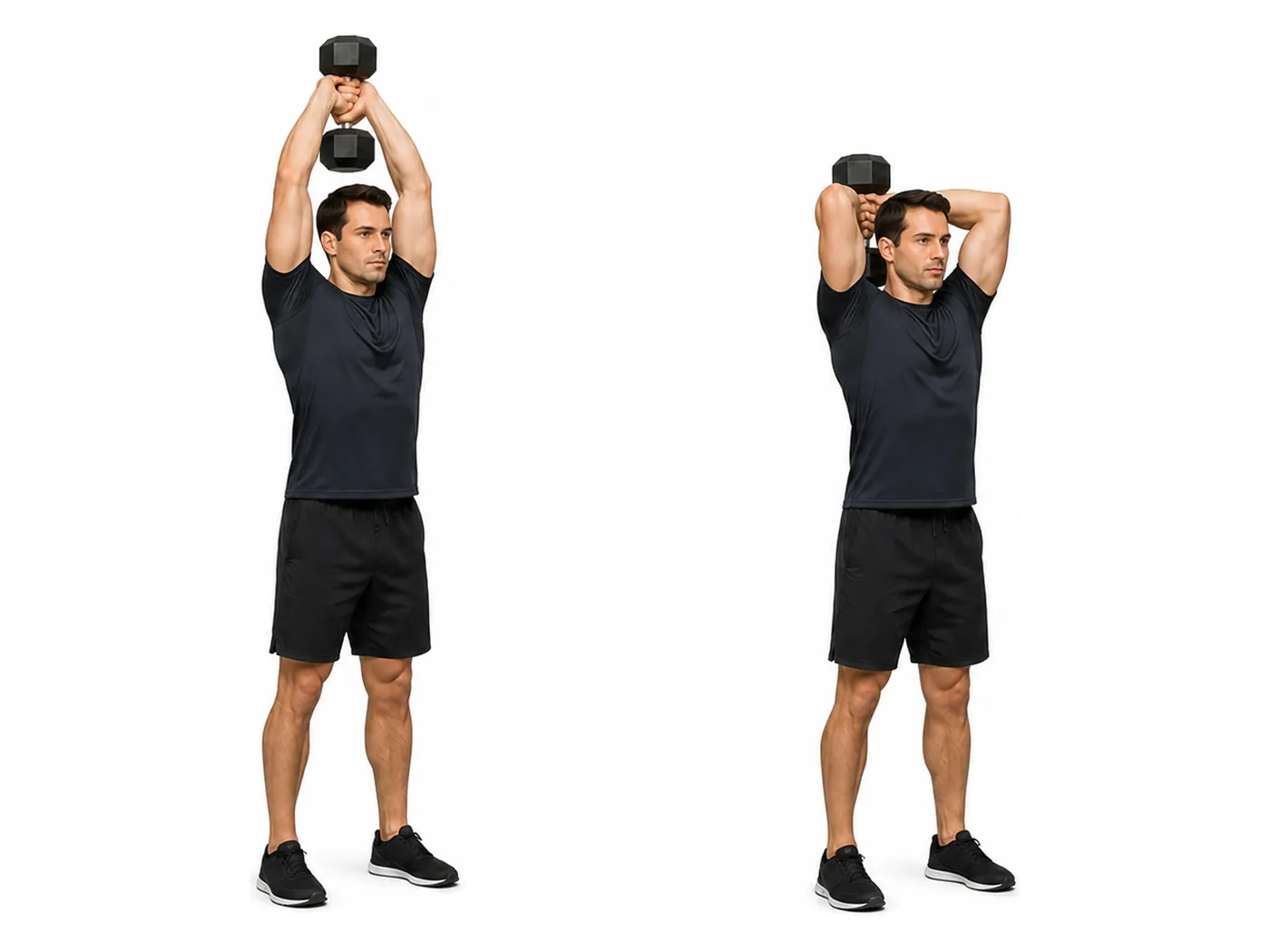 Two-panel demonstration of the overhead triceps extension, showing the start and finish positions