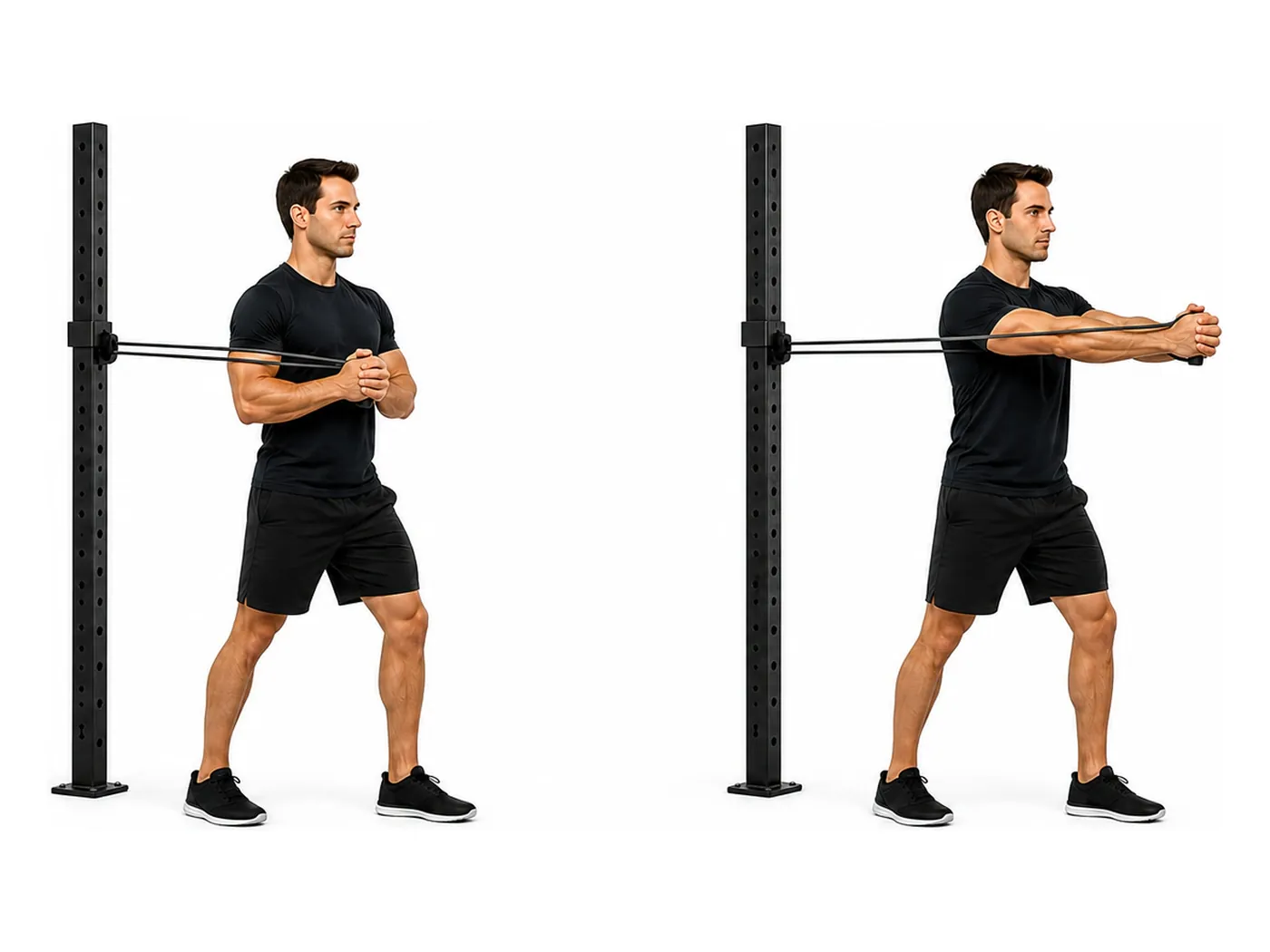 Two-panel demonstration of the pallof press, showing the start and finish positions