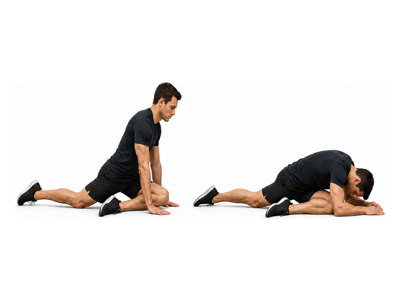 Two-panel demonstration of the pigeon pose, showing the start and finish positions