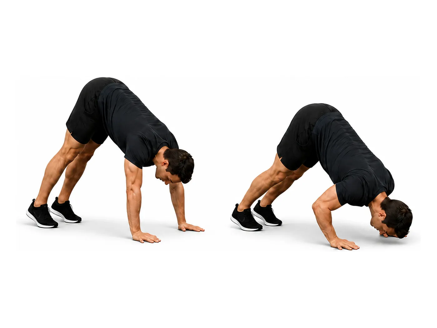 Two-panel demonstration of the pike push-up, showing the start and finish positions