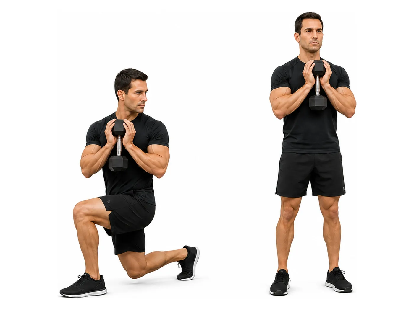 Two-panel demonstration of the reverse lunge with rotation, showing the start and finish positions