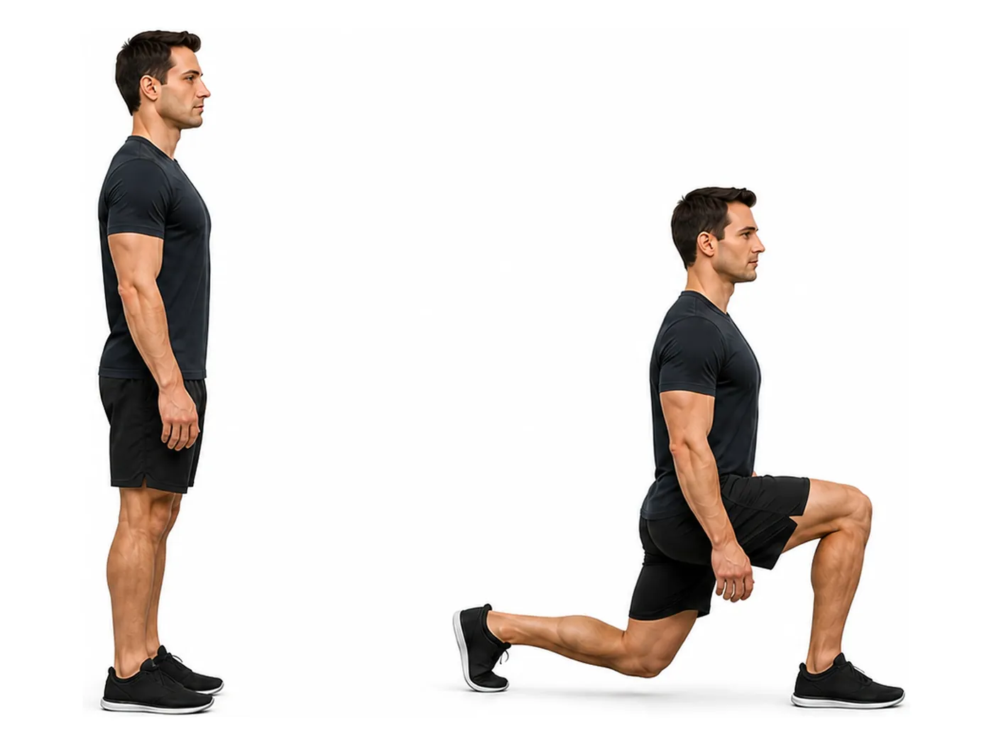 Two-panel demonstration of the reverse lunge, showing the start and finish positions