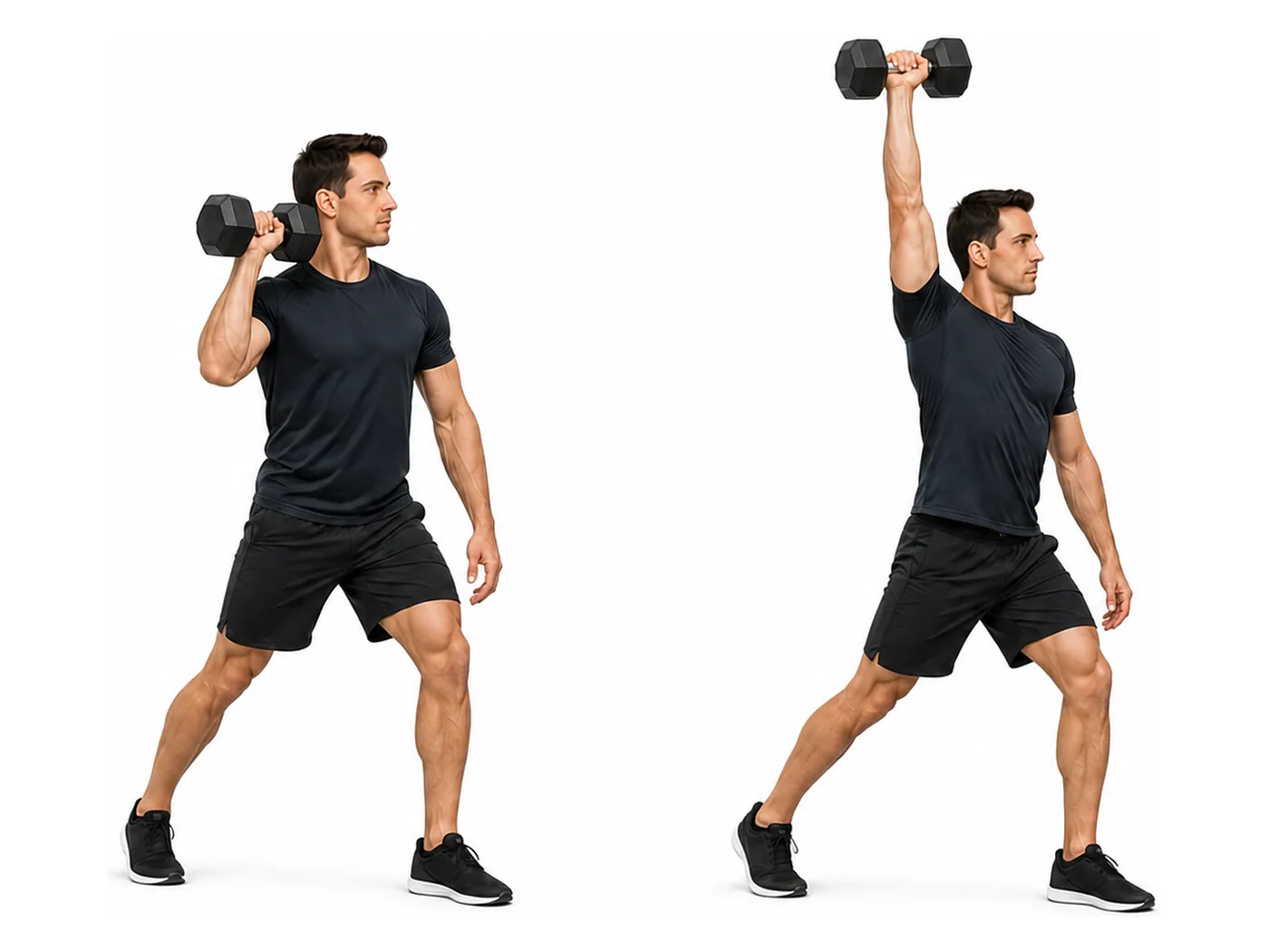 Two-panel demonstration of the rotational overhead press, showing the start and finish positions
