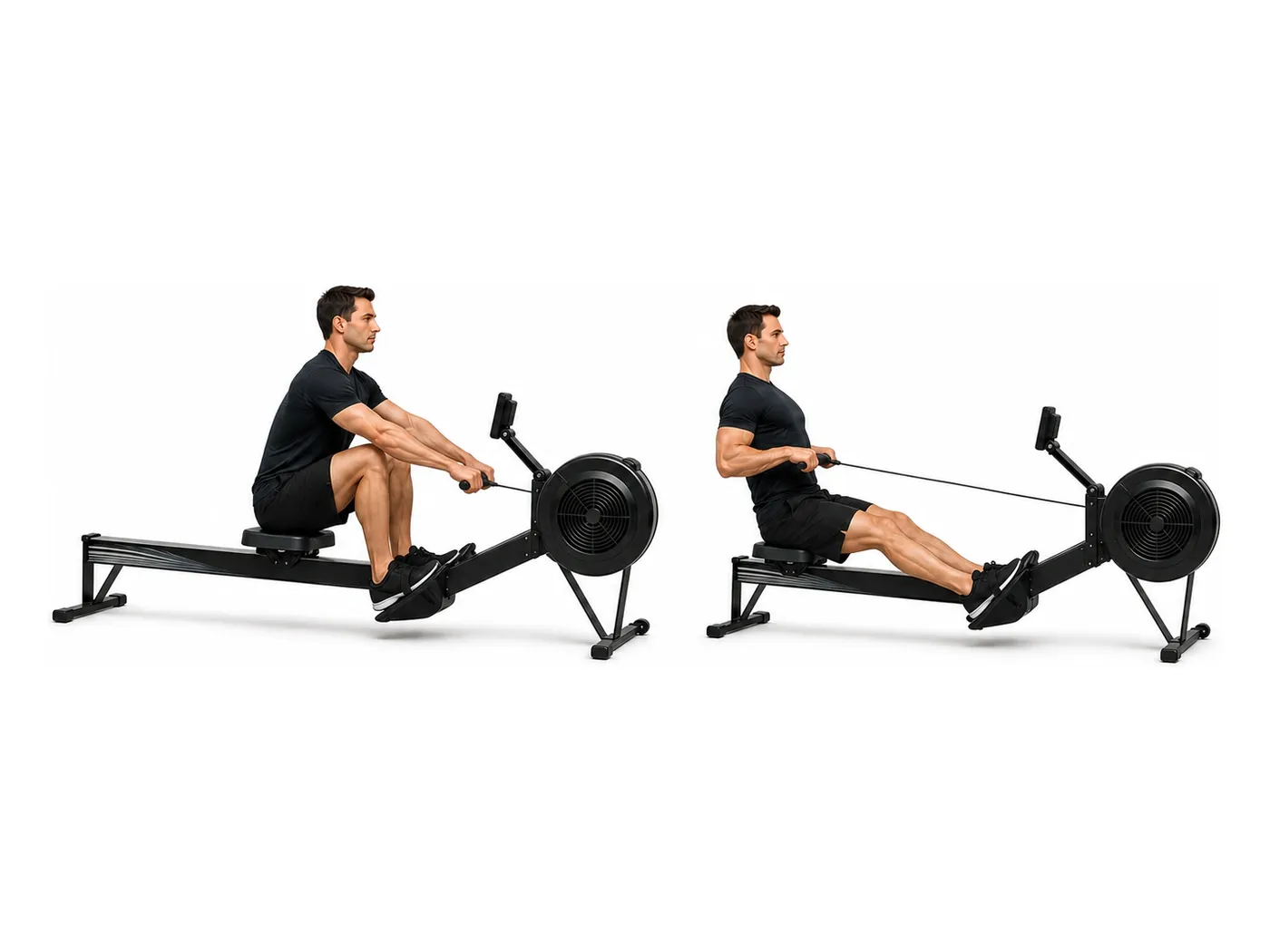 Two-panel demonstration of the rowing machine, showing the start and finish positions