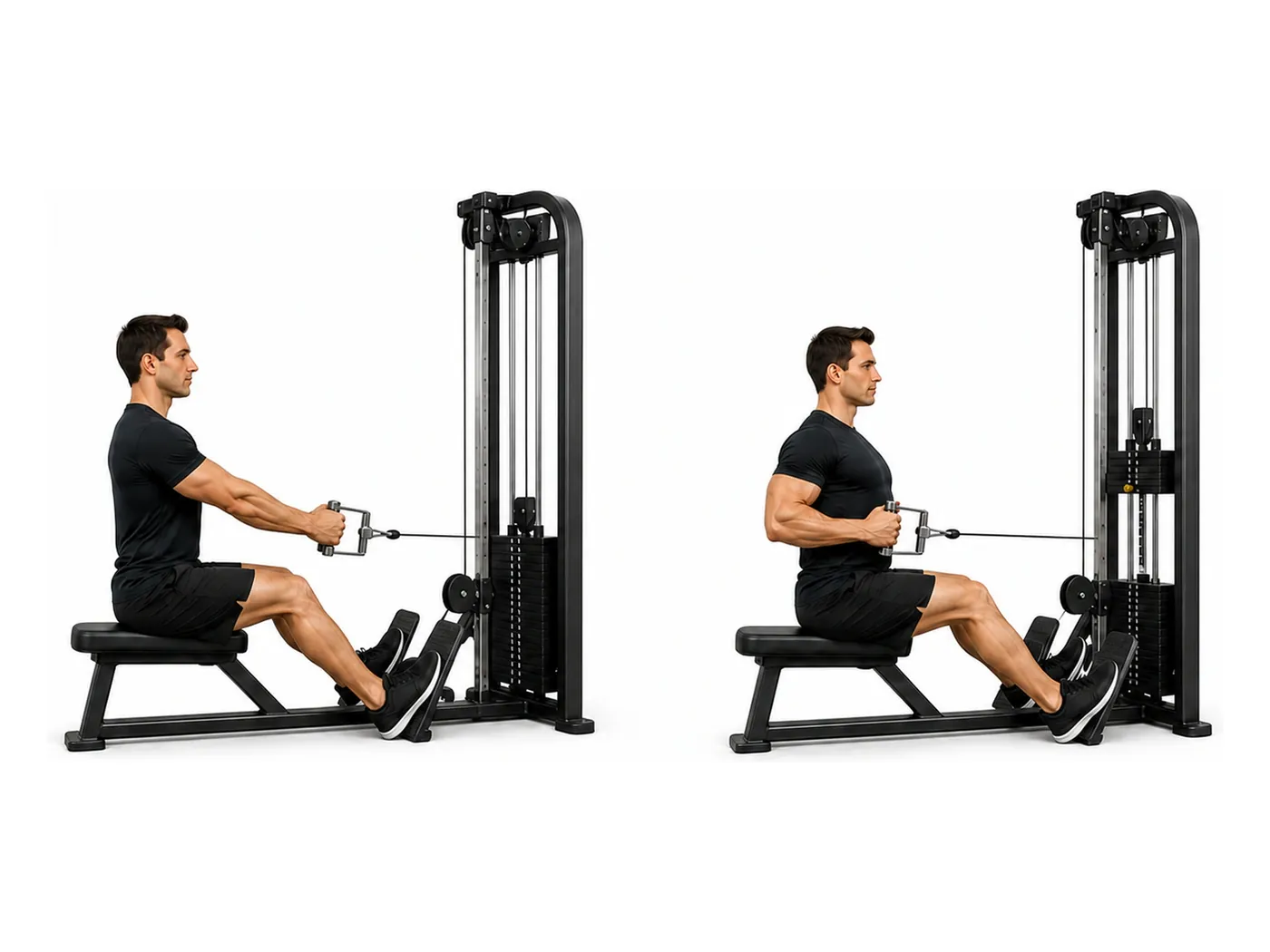 Two-panel demonstration of the seated cable row, showing the start and finish positions