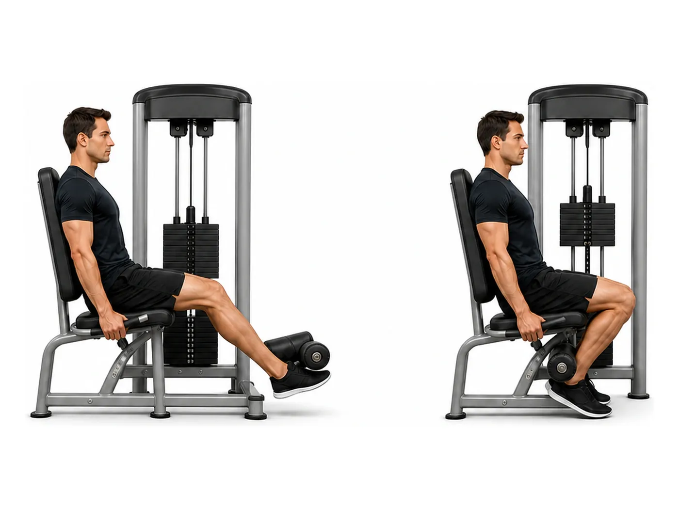 Two-panel demonstration of the seated leg curl, showing the start and finish positions