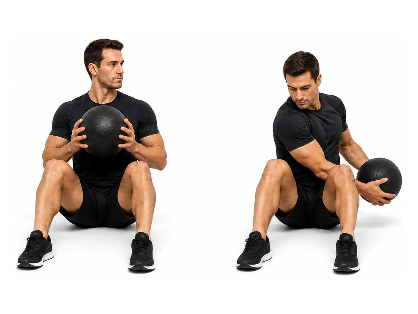 Two-panel demonstration of the seated medicine ball trunk rotation, showing the start and finish positions