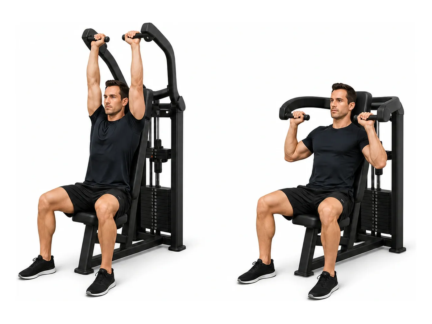Two-panel demonstration of the shoulder press machine, showing the start and finish positions