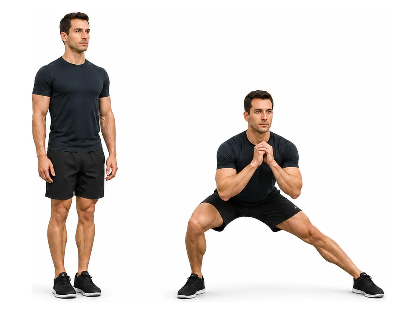 Two-panel demonstration of the side lunge, showing the start and finish positions