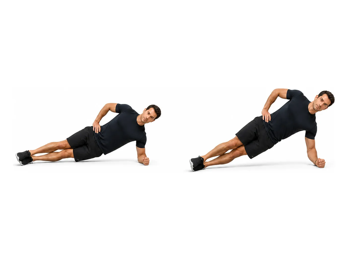 Two-panel demonstration of the side plank, showing the start and finish positions