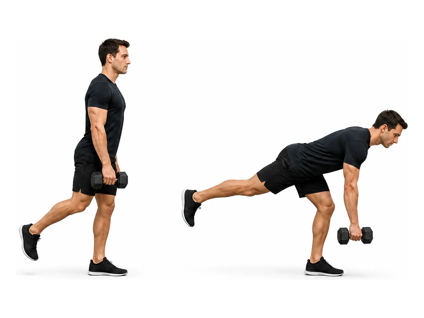 Two-panel demonstration of the single-arm single-leg romanian deadlift, showing the start and finish positions