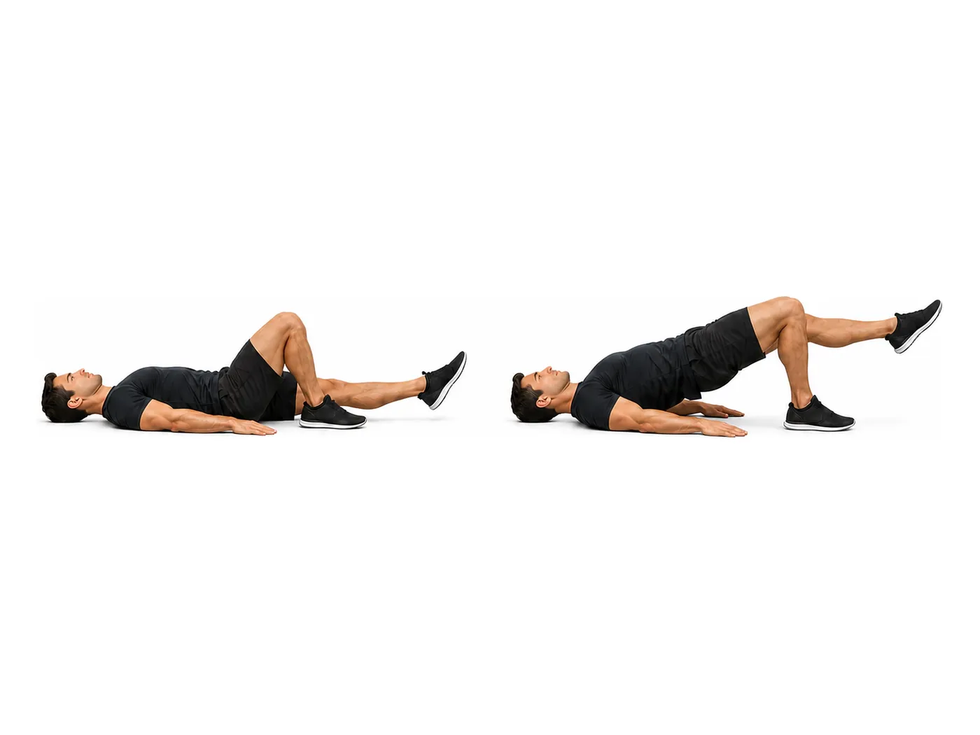 Two-panel demonstration of the single-leg glute bridge, showing the start and finish positions