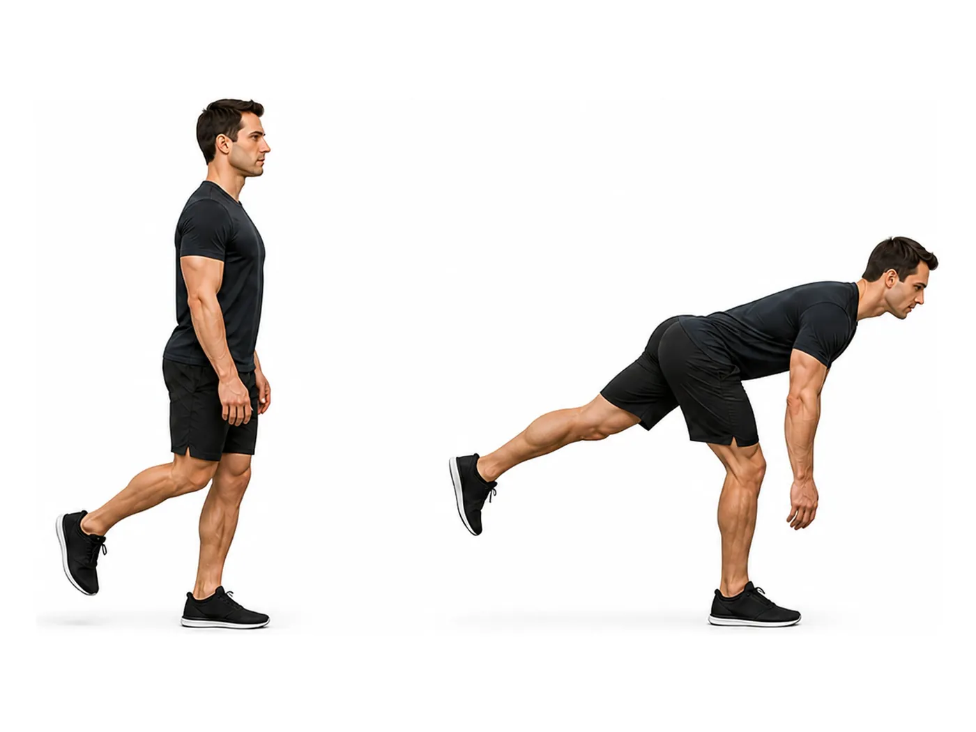 Two-panel demonstration of the single-leg romanian deadlift, showing the start and finish positions