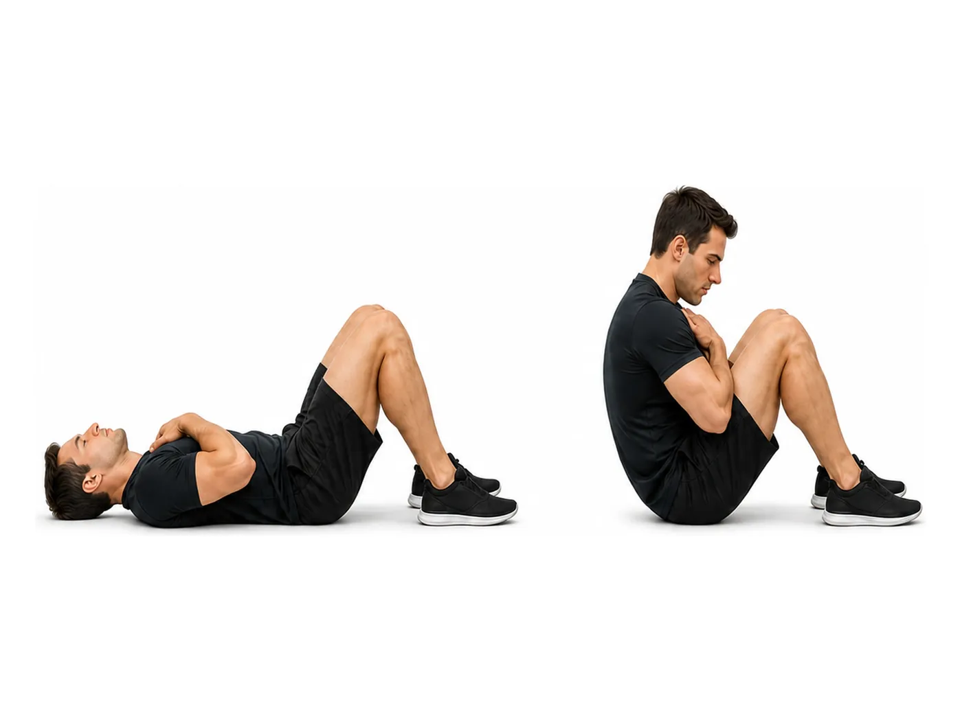 Two-panel demonstration of the sit-up, showing the start and finish positions