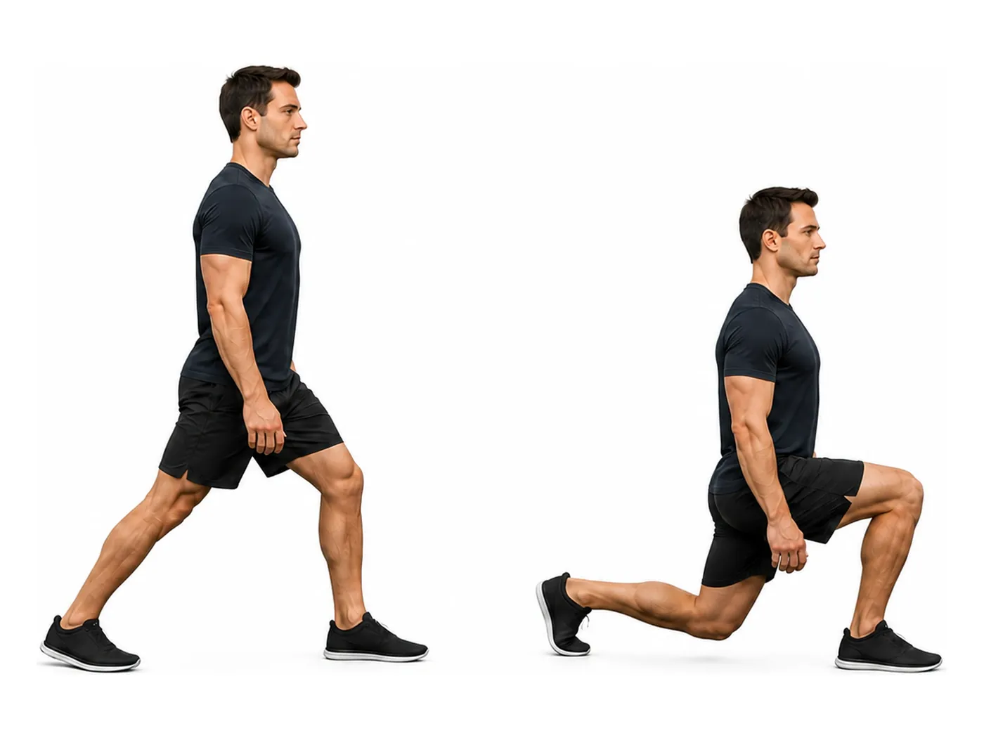 Two-panel demonstration of the split squat, showing the start and finish positions